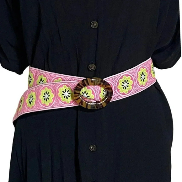 Bohemian pink + blue embroidered reversible belt with turquoise shell buckle L - Picture 6 of 8